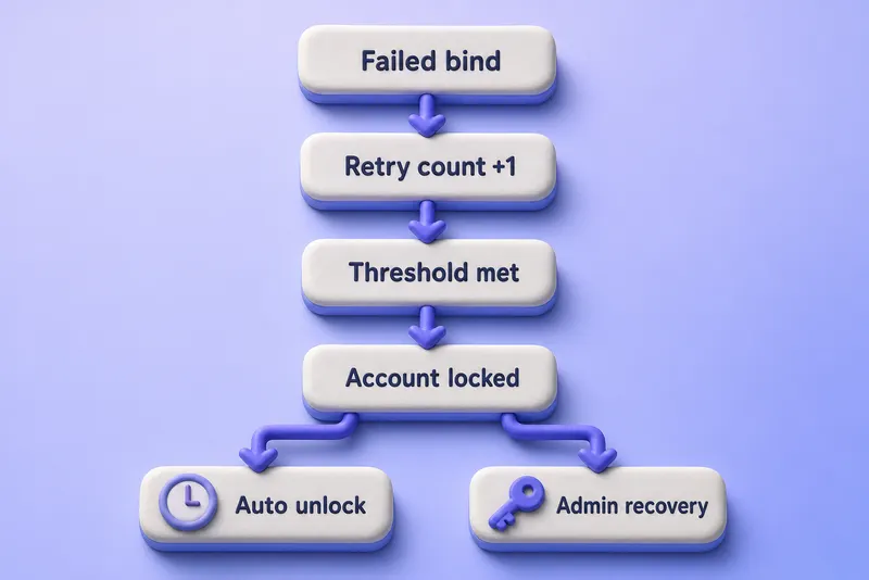 Password lockout flow from failed bind through retry counter and account lock to automatic unlock or administrative recovery