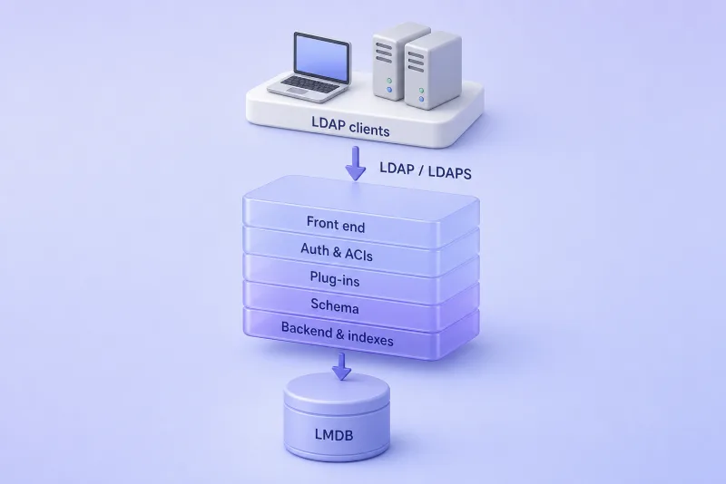 389 Directory Server stack: LDAP clients connect through ns-slapd layers to an LMDB database