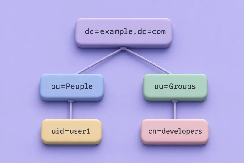 Example DIT under dc=example,dc=com with People and Groups branches