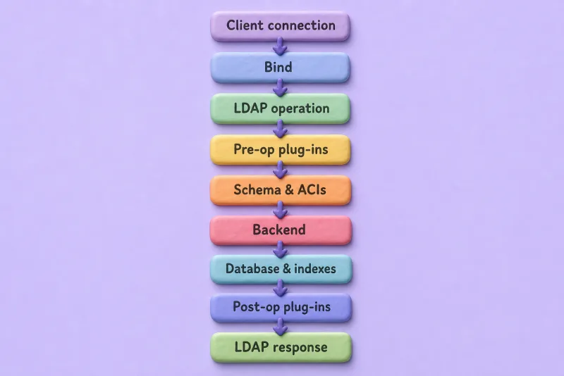 LDAP request path from client connection through bind, plug-ins, schema, ACIs, backend, and response