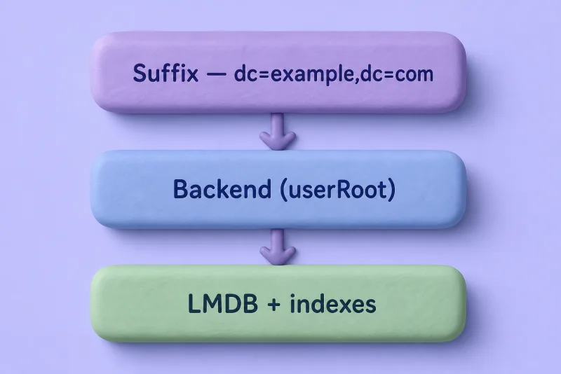 Mapping from suffix dc=example,dc=com through backend userroot to database storage and indexes