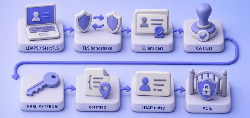 Client certificate authentication flow from TLS handshake through certmap to ACIs