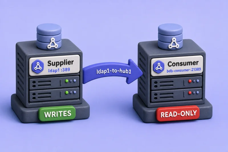 Two-node replication chain from writable supplier ldap1 to read-only consumer bdb-consumer