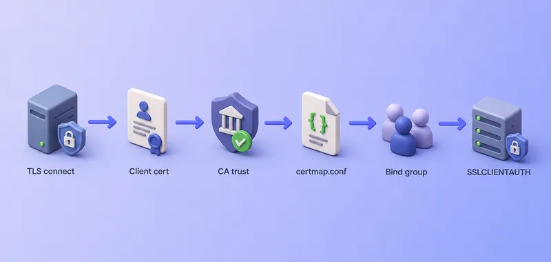 Certificate-based replication authentication flow from TLS handshake through certmap to bind group