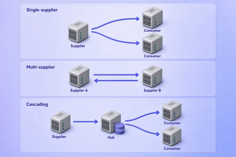 Three replication topology strips: one supplier to consumers, bidirectional suppliers, and supplier through hub to consumers