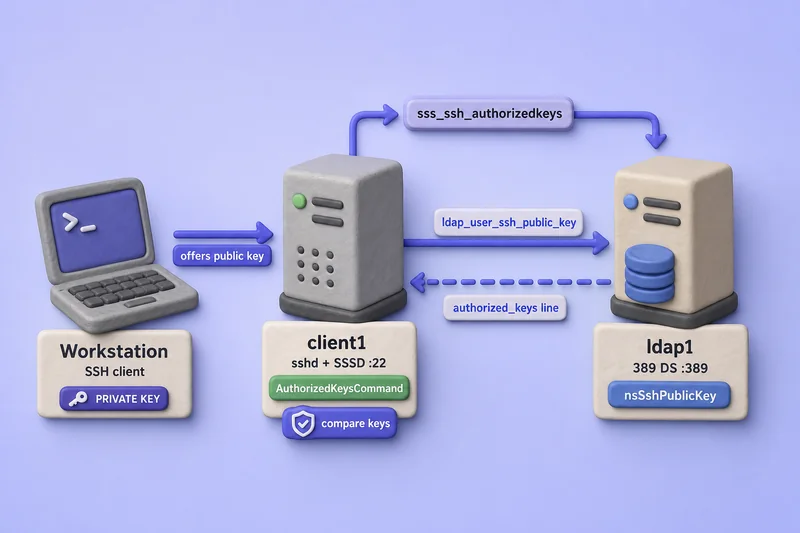 Centralized SSH public-key lookup flow from client offer through AuthorizedKeysCommand and SSSD to nsSshPublicKey on 389 Directory Server