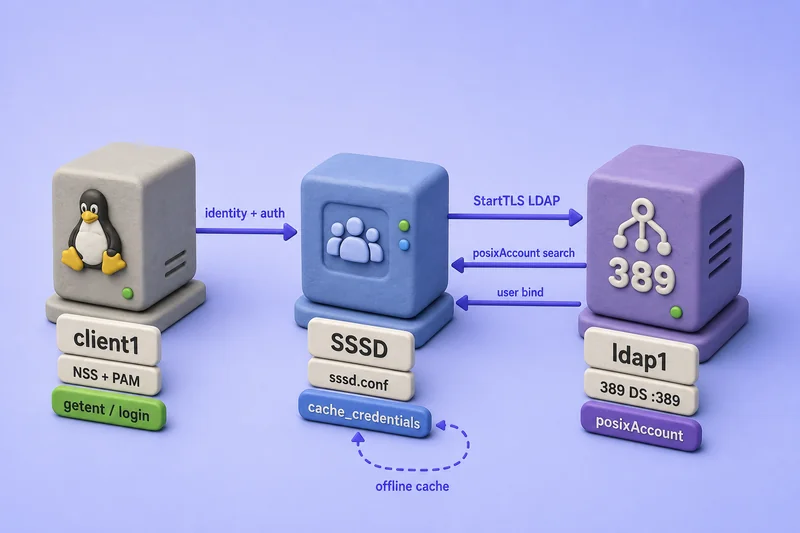 SSSD authentication flow from NSS and PAM through SSSD to posixAccount search and user bind on 389 Directory Server