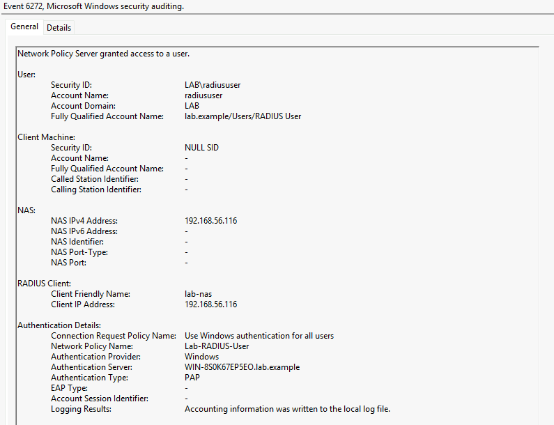 Event Viewer showing NPS event 6272 with Account Name radiususer, Client Friendly Name lab-nas, Client IP Address 192.168.56.116, Network Policy Name Lab-RADIUS-User, and Authentication Type PAP