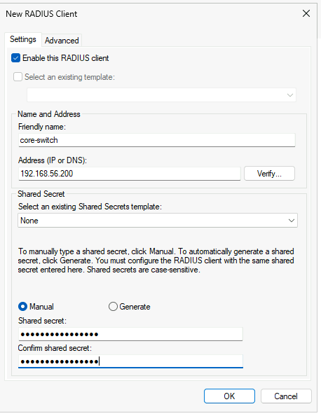 New RADIUS Client dialog with friendly name core-switch, address 192.168.56.200, Manual shared secret selected, and both secret fields masked