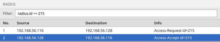 Wireshark packet list with Access-Request from the NAS and Access-Accept from NPS