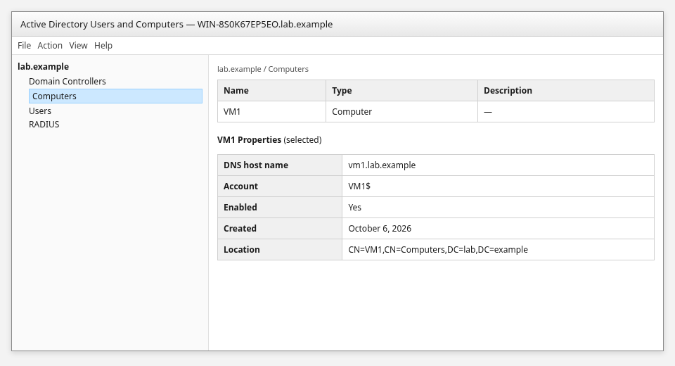 Active Directory Users and Computers showing the VM1 computer account under the Computers container