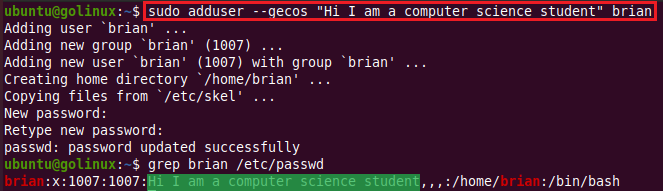adduser command to add GECOS information while creating a user
