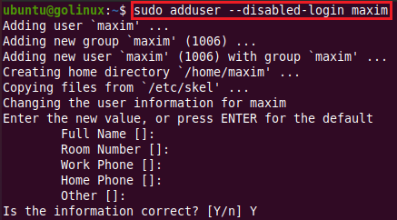 adduser command to create a user with disabled login