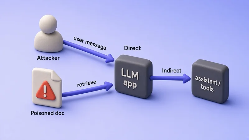 Direct user-message path and indirect poisoned-document path both entering an LLM app then tools