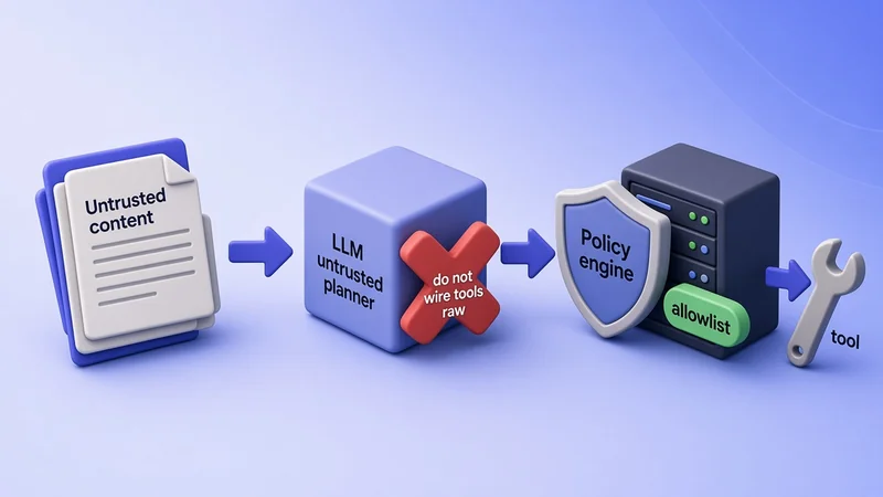 Untrusted content to LLM planner to policy engine allowlist then tool