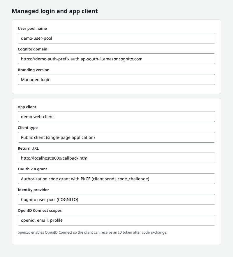 Managed login domain, public app client, return URL, and OAuth scopes