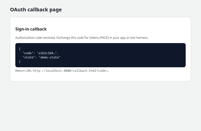 OAuth callback page showing the authorization code returned by Cognito