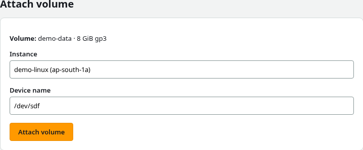 Attach EBS volume to EC2 instance at dev sdf