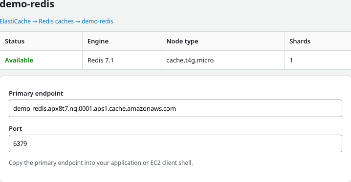 Redis cache Available with primary endpoint and port on the details page