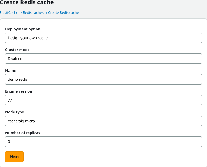Create Redis cache with cluster mode disabled, engine version, and node type