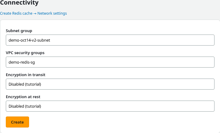 Redis cache network settings with subnet group and security group