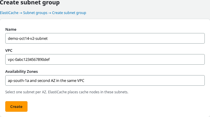 ElastiCache create subnet group with VPC and multi-AZ subnets