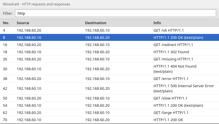 Wireshark packet list filtered to http, showing GET requests and HTTP 200, 302, 404, and 500 responses