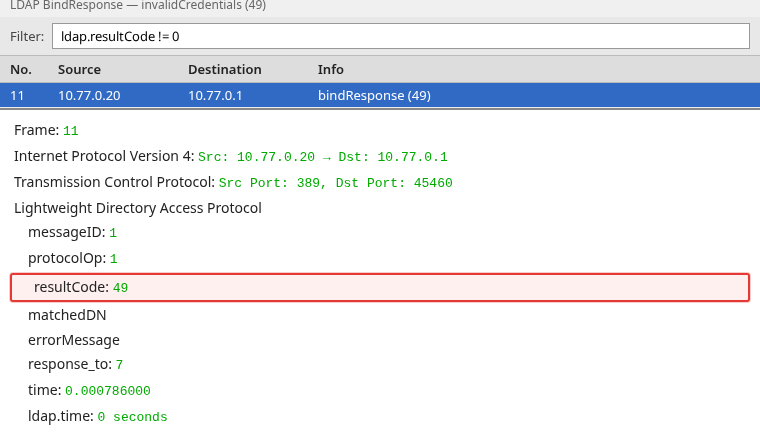 Wireshark LDAP bindResponse with resultCode invalidCredentials 49 highlighted