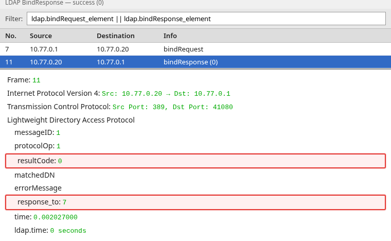Wireshark LDAP bindResponse with resultCode success 0 and response_to highlighted