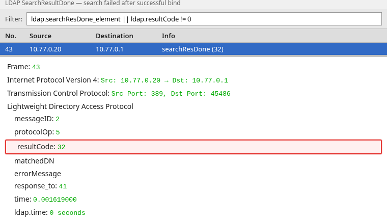 Wireshark searchResDone with resultCode 32 after successful bind highlighted