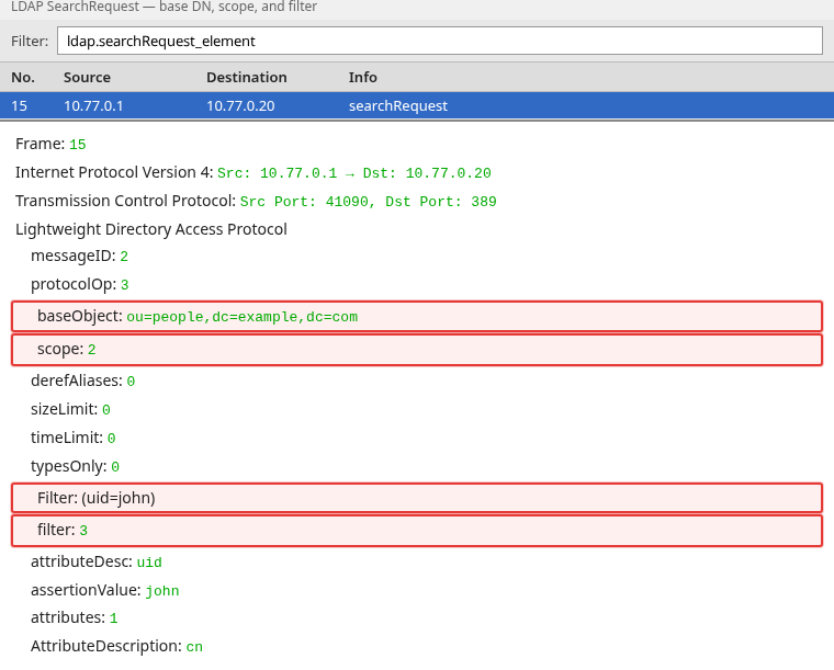 Wireshark LDAP searchRequest with baseObject, scope, and uid filter highlighted
