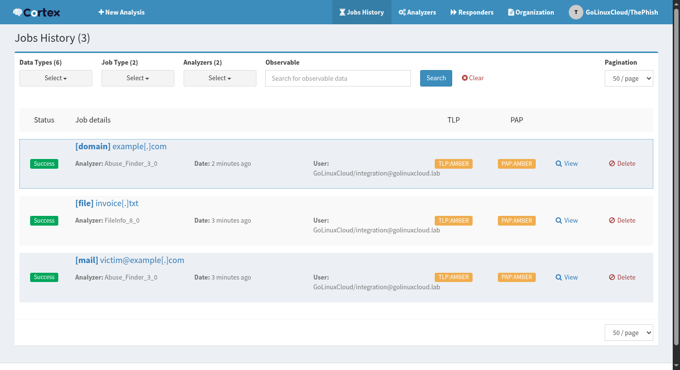 Cortex job history showing Abuse_Finder and FileInfo successes for ThePhish observables