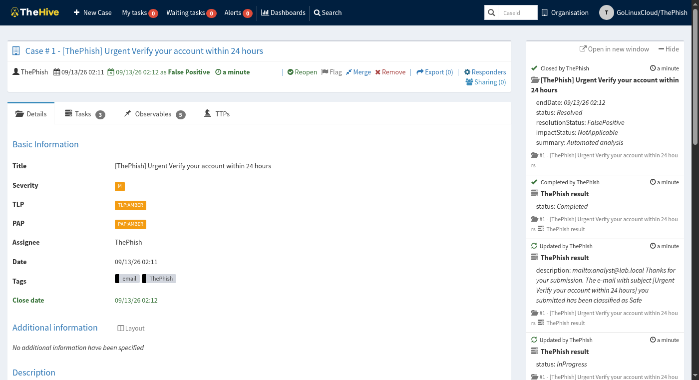 TheHive case created by ThePhish with title, tags, and False Positive resolution