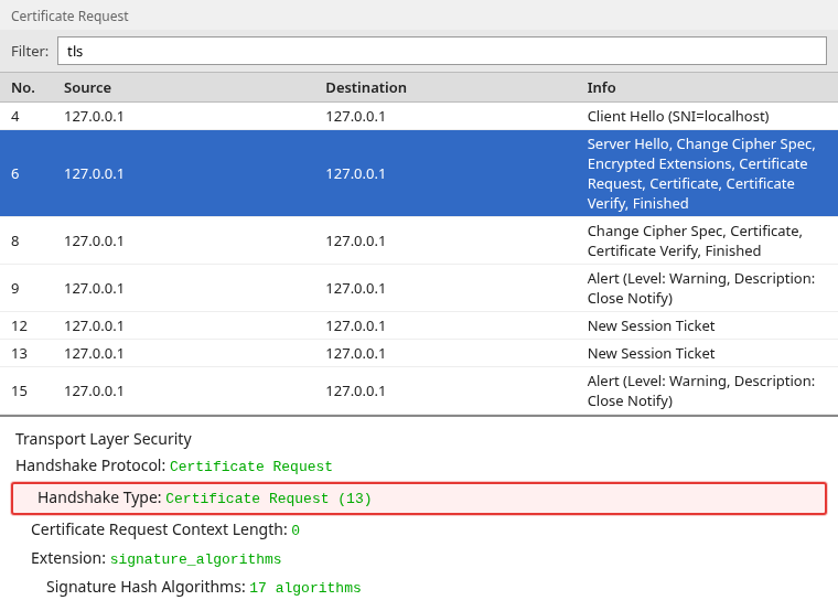 Wireshark detail of frame 6 with Handshake Type Certificate Request (13) highlighted, plus the signature_algorithms extension
