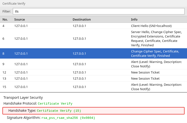 Wireshark detail of frame 8 with Handshake Type Certificate Verify (15) highlighted and signature algorithm rsa_pss_rsae_sha256