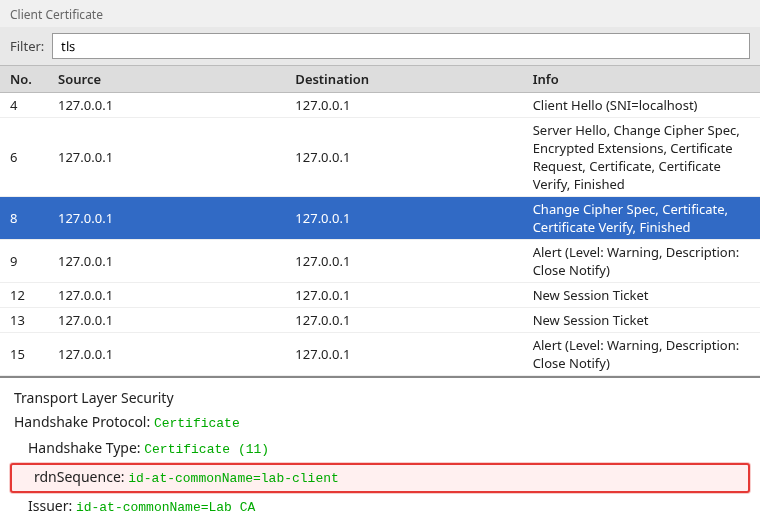 Wireshark detail of frame 8 with the client certificate subject id-at-commonName=lab-client highlighted