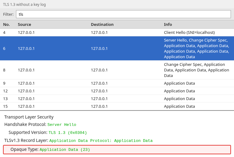 Wireshark packet list of the same mutual TLS capture without a key log, frame 6 selected, Server Hello followed by Application Data
