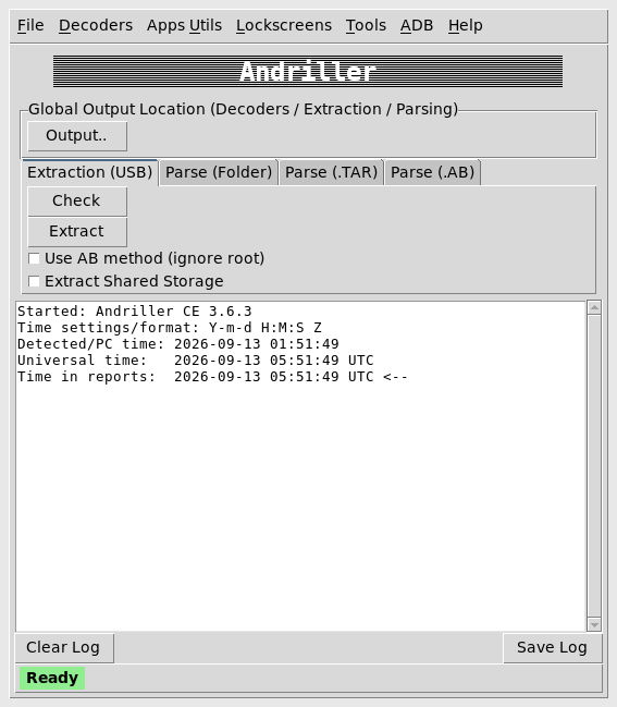 Andriller CE 3.6.3 GUI on Kali showing Extraction USB tab Ready
