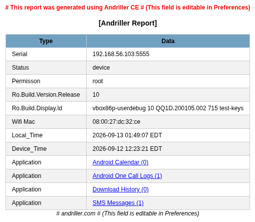 Andriller REPORT.html showing root permission, Android 10, and SMS Messages (1) plus call logs (1)
