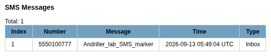 Andriller SMS Messages HTML report showing Andriller_lab_SMS_marker from 5550100777