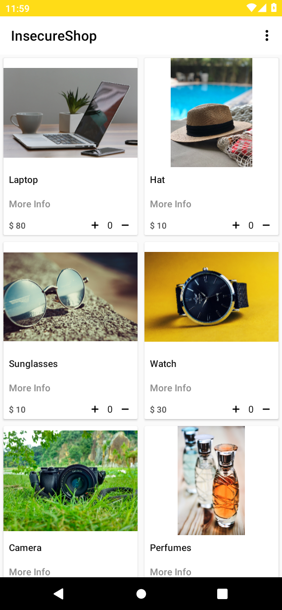 InsecureShop product catalog after login on Genymotion