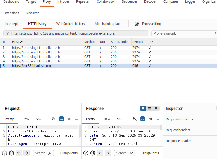 Burp Suite Proxy HTTP history with ecc384.badssl.com selected, showing GET / HTTP/1.1 Host ecc384.badssl.com and User-Agent okhttp/4.11.0