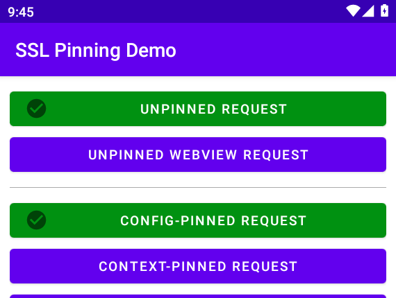 SSL Pinning Demo with UNPINNED and CONFIG-PINNED green after Network Security Config Frida hooks