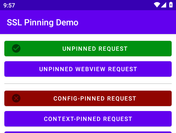SSL Pinning Demo showing the unpinned request succeeding while the Network Security Config-protected request fails through Burp