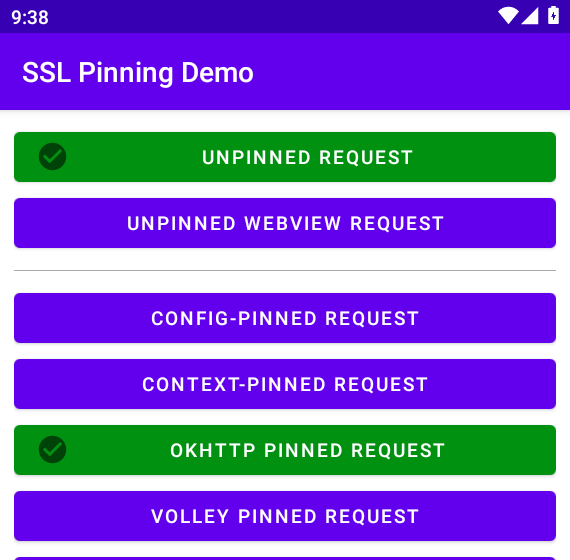 SSL Pinning Demo with UNPINNED and OKHTTP green after CertificatePinner-only Frida hooks; other buttons still purple