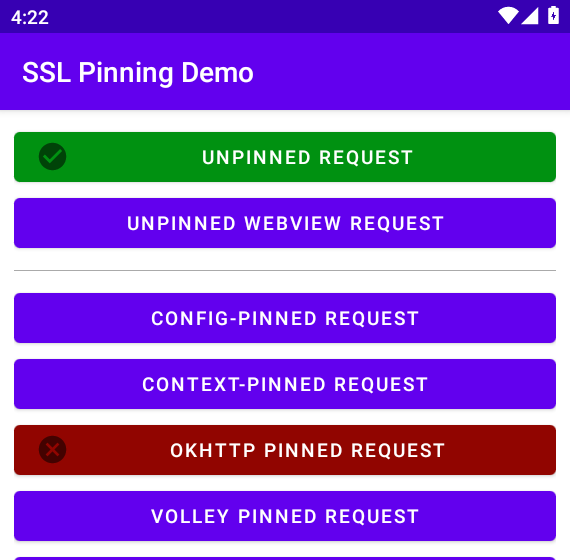 SSL Pinning Demo with UNPINNED green and OKHTTP PINNED REQUEST red before any bypass