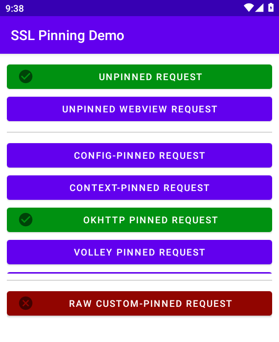 SSL Pinning Demo showing OkHttp green while RAW CUSTOM-PINNED REQUEST stays red under the same Frida script