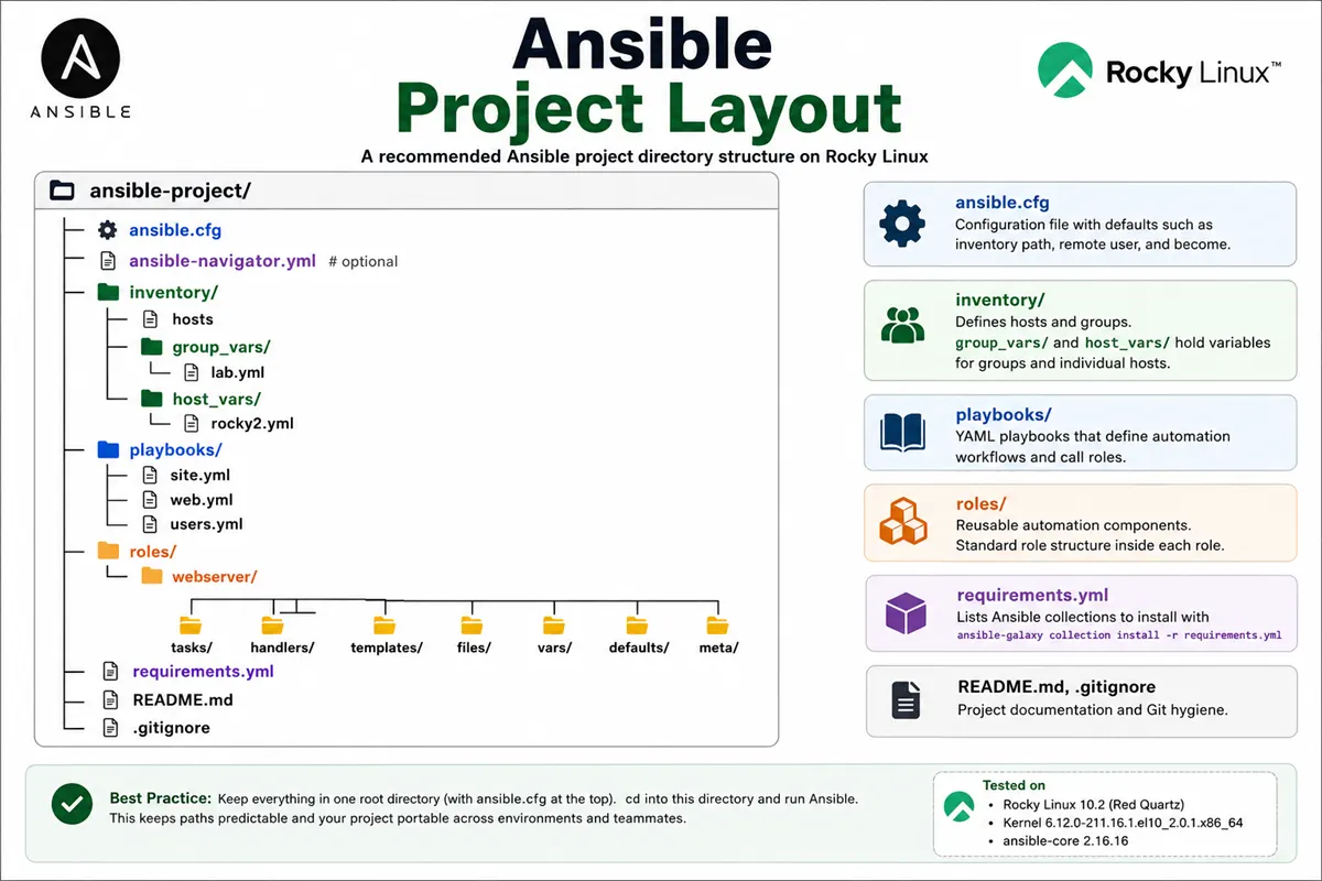 Ansible project layout infographic for Rocky Linux: directory tree with ansible.cfg, ansible-navigator.yml, inventory with group_vars and host_vars, playbooks, roles, requirements.yml, README.md, and .gitignore, plus callouts for each component