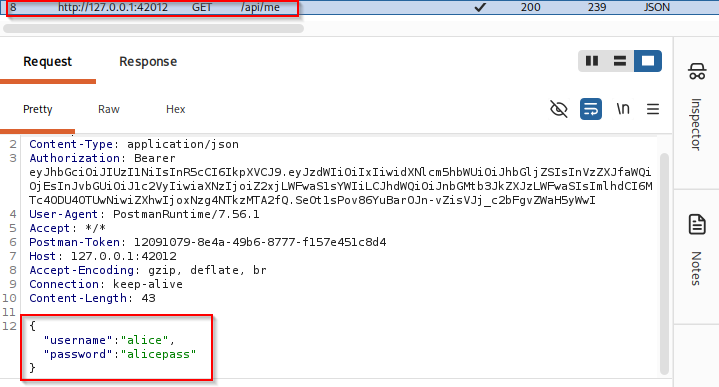 Burp Repeater GET /api/me with Alice Bearer token after Postman proxy capture